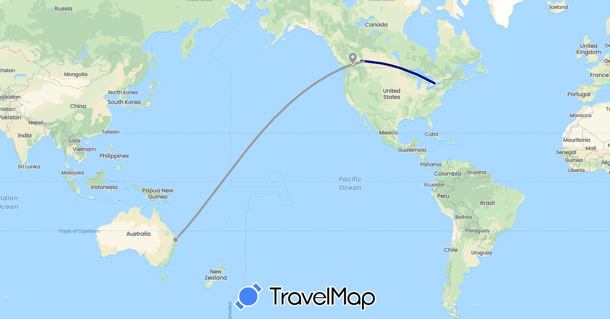 TravelMap itinerary: driving, plane in Australia, Canada (North America, Oceania)